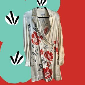 GANNI Cream Mini Wrap Dress with Floral Print EU 40